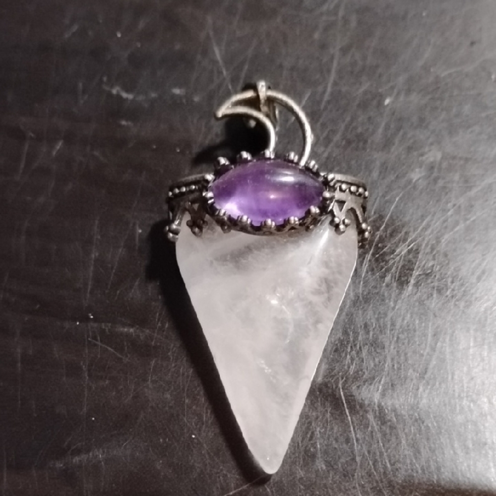 Silver-Tone Amethyst and Moon  Quartz Crystal Pendant Fashion Jewelry 2"L